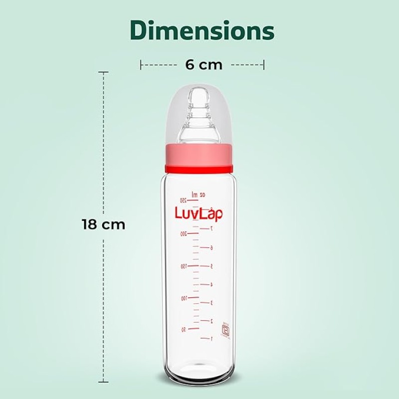 LuvLap Essential Slim Neck Glass Feeding Bottle, 250ml, 3m+ / Infants/Toddler Upto 3 Years, Madeof Borosilicate Glass, BPA Free, Ergonomic Shape is Easy to Hold, with Anti Colic Nipple, Pack of 2