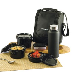 CELLO MF All in One Lunch Box Set of 5 with Bag, Black | 3 Containers with Steel Inner, 1 Plastic Pickle Box and 1 Steel Bottle | Microwave Safe | Insulated Tiffin Ideal for Office, School, College