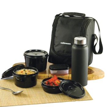 CELLO MF All in One Lunch Box Set of 5 with Bag, Black | 3 Containers with Steel Inner, 1 Plastic Pickle Box and 1 Steel Bottle | Microwave Safe | Insulated Tiffin Ideal for Office, School, College CELLO MF All in One Lunch Box Set of 5 with Bag, Black | 3 Containers with Steel Inner, 1 Plastic Pickle Box and 1 Steel Bottle | Microwave Safe | Insulated Tiffin Ideal for Office, School, College