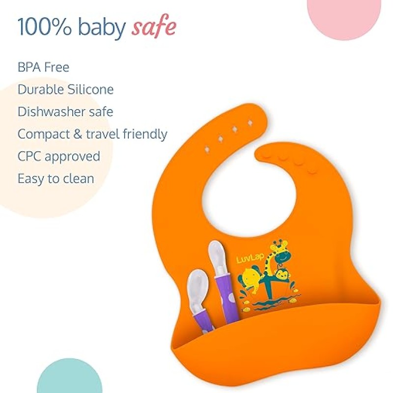 LuvLap Silicone Baby Bib for Feeding & Weaning Babies & Toddlers, Waterproof, Washable & Reusable, Non Messy Easy Cleaning, No Bad Odour, Adjustable Neckline with Buttons