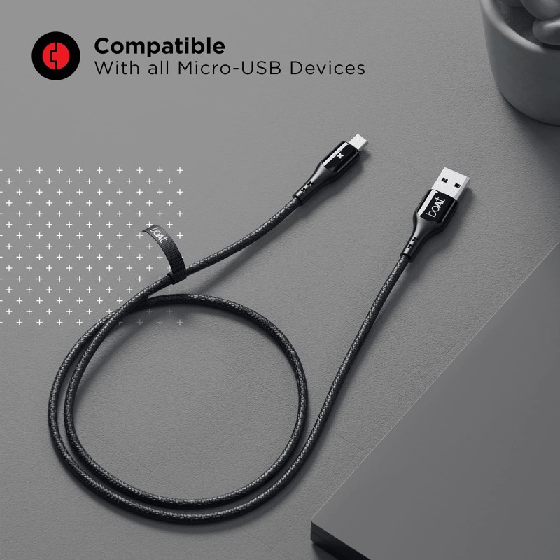 boAt Micro USB 600 Smart Auto Disconnecting Cable with LED Indicator, Stress Resistant, 3A Fast Charging & 480mbps Data Transmission, 10000+ Bends Lifespan & Extended 1.5m Length(Mercurial Black) boAt Micro USB 600 Smart Auto Disconnecting Cable with LED Indicator, Stress Resistant, 3A Fast Charging & 480mbps Data Transmission, 10000+ Bends Lifespan & Extended 1.5m Length(Mercurial Black)