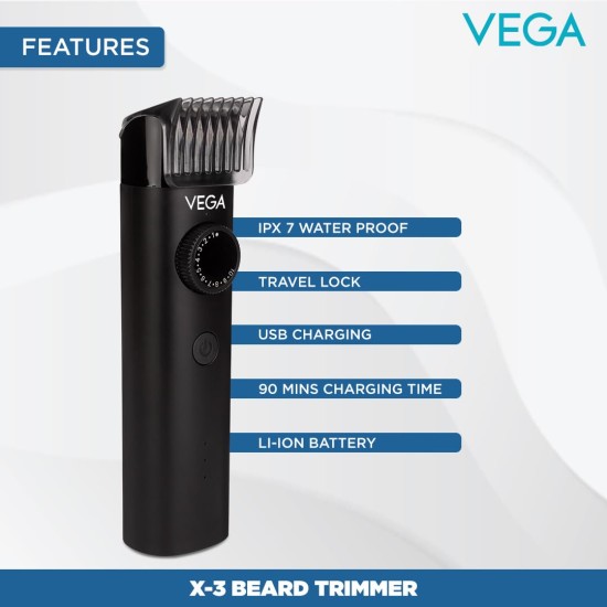 Vega Men X3 Beard Trimmer For Men With Quick Charge, 90 Mins Run-time, Waterproof, For Cord & Cordless Use And 40 Length Settings, (VHTH-24) Black