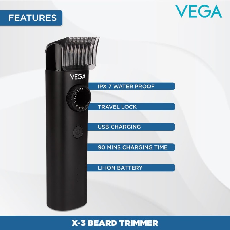 Vega Men X3 Beard Trimmer For Men With Quick Charge, 90 Mins Run-time, Waterproof, For Cord & Cordless Use And 40 Length Settings, (VHTH-24) Black Vega Men X3 Beard Trimmer For Men With Quick Charge, 90 Mins Run-time, Waterproof, For Cord & Cordless Use And 40 Length Settings, (VHTH-24) Black