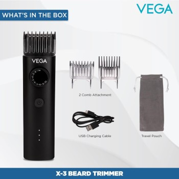 Vega Men X3 Beard Trimmer For Men With Quick Charge, 90 Mins Run-time, Waterproof, For Cord & Cordless Use And 40 Length Settings, (VHTH-24) Black Vega Men X3 Beard Trimmer For Men With Quick Charge, 90 Mins Run-time, Waterproof, For Cord & Cordless Use And 40 Length Settings, (VHTH-24) Black