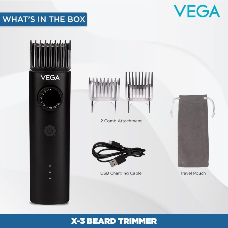 Vega Men X3 Beard Trimmer For Men With Quick Charge, 90 Mins Run-time, Waterproof, For Cord & Cordless Use And 40 Length Settings, (VHTH-24) Black Vega Men X3 Beard Trimmer For Men With Quick Charge, 90 Mins Run-time, Waterproof, For Cord & Cordless Use And 40 Length Settings, (VHTH-24) Black