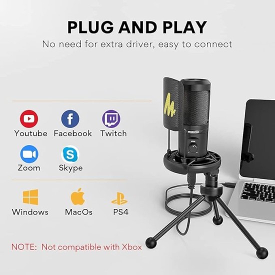 MAONO AU-PM461TS Condenser USB Mic for PC, YouTube Recording, Gaming, Podcasting. All-in-one Microphone Kit with Mic Gain, Metal Pop Filter, and Shock Mount, Black