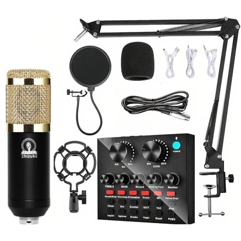 ZHIZUKA BM800 Condenser Microphone Set V8 Sound Card Mixer Amplifier Voice Changer Audio Interface | Singing Smule Live Streaming Podcast Broadcasting (3.5mm Mic + Sound Card, Gold) ZHIZUKA BM800 Condenser Microphone Set V8 Sound Card Mixer Amplifier Voice Changer Audio Interface | Singing Smule Live Streaming Podcast Broadcasting (3.5mm Mic + Sound Card, Gold)