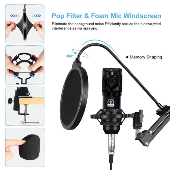 ZHIZUKA Condenser USB Microphone Set V8 Sound Card Mixer Amplifier Voice Changer Audio Interface | Singing Smule Live Streaming Podcast Broadcasting (3.5 Mm Mic + Sound Card, Black)