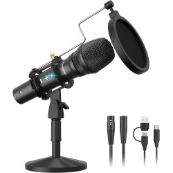 Maono AU-HD300T USB/XLR Dynamic Mic for Singing, PC, YouTube Recording. Professional Microphone with 0-Latency Monitoring, Volume Control, Adjustable Mic Stand, Shock Mount and Pop Filter, Black