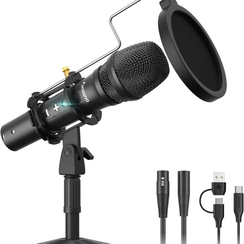 Maono AU-HD300T USB/XLR Dynamic Mic for Singing, PC, YouTube Recording. Professional Microphone with 0-Latency Monitoring, Volume Control, Adjustable Mic Stand, Shock Mount and Pop Filter, Black