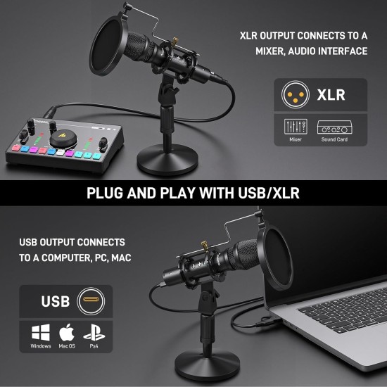 Maono AU-HD300T USB/XLR Dynamic Mic for Singing, PC, YouTube Recording. Professional Microphone with 0-Latency Monitoring, Volume Control, Adjustable Mic Stand, Shock Mount and Pop Filter, Black