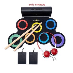 Powerpak G3001L-R Electronic Drum Kit | Built-In Li-Battery 2000mAh & Roll Up Drum Pad | Portable Rechargeable with Built-In Dual Speaker | 2x Pedals/2x Sticks/1x Headphone (Rainbow)