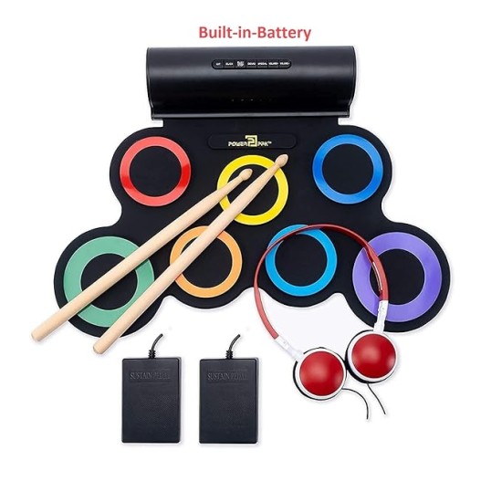 Powerpak G3001L-R Electronic Drum Kit | Built-In Li-Battery 2000mAh & Roll Up Drum Pad | Portable Rechargeable with Built-In Dual Speaker | 2x Pedals/2x Sticks/1x Headphone (Rainbow)