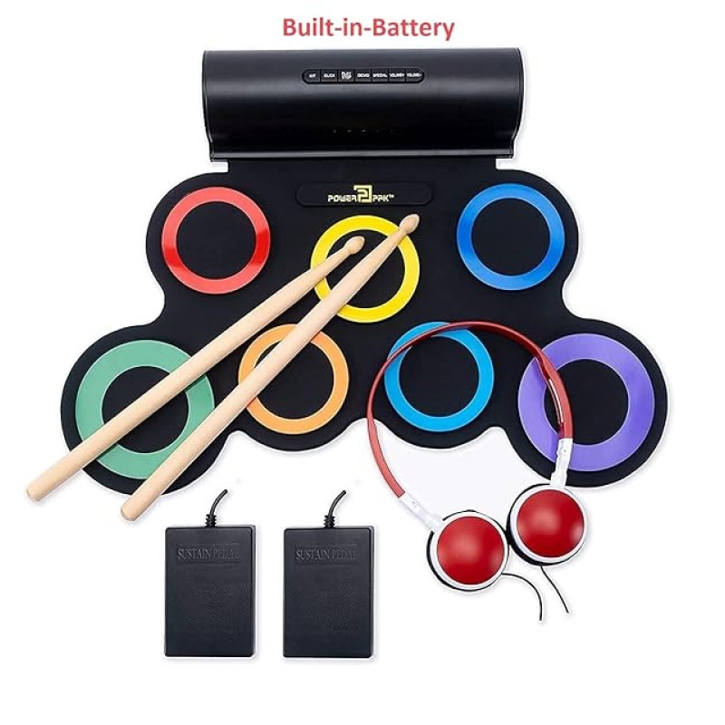 Powerpak G3001L-R Electronic Drum Kit | Built-In Li-Battery 2000mAh & Roll Up Drum Pad | Portable Rechargeable with Built-In Dual Speaker | 2x Pedals/2x Sticks (Rainbow) Powerpak G3001L-R Electronic Drum Kit | Built-In Li-Battery 2000mAh & Roll Up Drum Pad | Portable Rechargeable with Built-In Dual Speaker | 2x Pedals/2x Sticks (Rainbow)