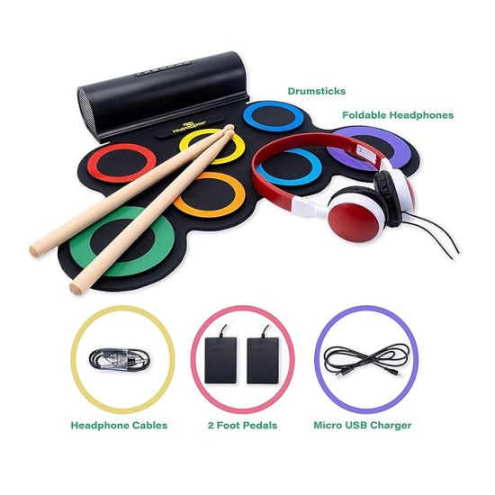 Powerpak G3001L-R Electronic Drum Kit | Built-In Li-Battery 2000mAh & Roll Up Drum Pad | Portable Rechargeable with Built-In Dual Speaker | 2x Pedals/2x Sticks/1x Headphone (Rainbow)