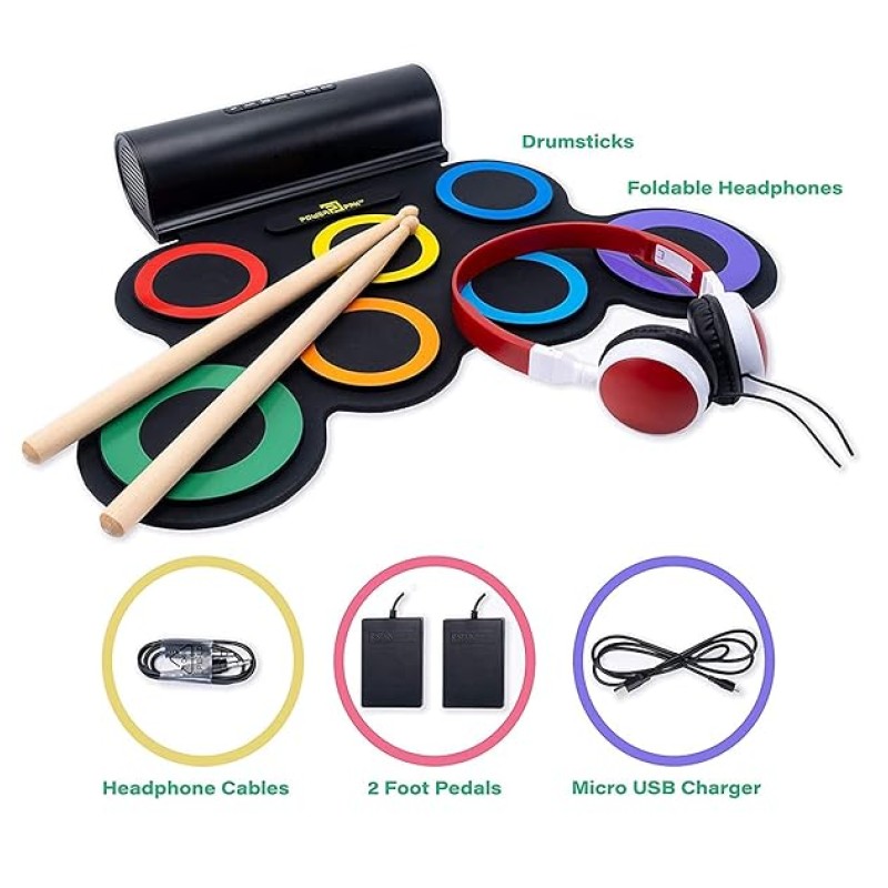 Powerpak G3001L-R Electronic Drum Kit | Built-In Li-Battery 2000mAh & Roll Up Drum Pad | Portable Rechargeable with Built-In Dual Speaker | 2x Pedals/2x Sticks (Rainbow) Powerpak G3001L-R Electronic Drum Kit | Built-In Li-Battery 2000mAh & Roll Up Drum Pad | Portable Rechargeable with Built-In Dual Speaker | 2x Pedals/2x Sticks (Rainbow)