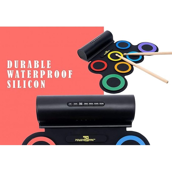 Powerpak G3001L-R Electronic Drum Kit | Built-In Li-Battery 2000mAh & Roll Up Drum Pad | Portable Rechargeable with Built-In Dual Speaker | 2x Pedals/2x Sticks/1x Headphone (Rainbow)
