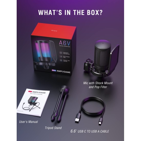 Fifine A6V USB Gaming Condenser Microphone with RGB, Quick Mute, Pop Filter, Shock Mount & Gain Control – Ideal for PC, PS5, Streaming, Discord, Twitch, Podcasts & Videos (Black) Fifine A6V USB Gaming Condenser Microphone with RGB, Quick Mute, Pop Filter, Shock Mount & Gain Control – Ideal for PC, PS5, Streaming, Discord, Twitch, Podcasts & Videos (Black)