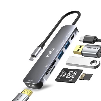Verilux� USB C Hub 6 in 1 with 87W Power Delivery & USB C Data Transfer Multiport Adapter with 4K@30Hz HDMI SD/TF Card Reader 3.0 USB Hub Type C Hub for MacBook iPhone with Storage Bag 24CM Long Cable