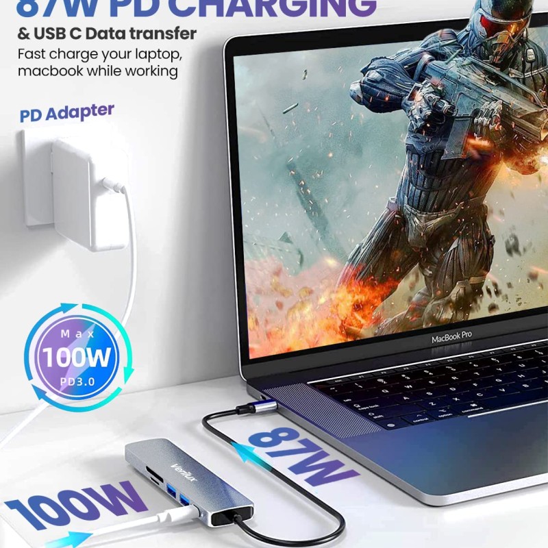 Verilux� USB C Hub 6 in 1 with 87W Power Delivery & USB C Data Transfer Multiport Adapter with 4K@30Hz HDMI SD/TF Card Reader 3.0 USB Hub Type C Hub for MacBook iPhone with Storage Bag 24CM Long Cable