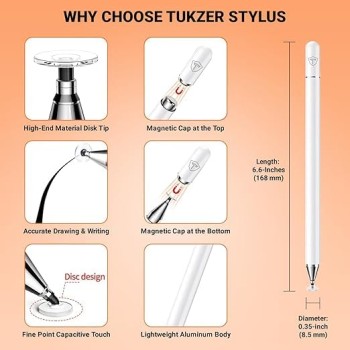 Tukzer 2-in-1 Capacitive Stylus Pen V2.0, Precise Stylus -Fine Point Disc Tip & Micro-Knit Hybrid Fiber Tip, Light Aluminum Body, Rubber Grip, for Touch Screen Devices, Smartphones, Tablets (White) Tukzer 2-in-1 Capacitive Stylus Pen V2.0, Precise Stylus -Fine Point Disc Tip & Micro-Knit Hybrid Fiber Tip, Light Aluminum Body, Rubber Grip, for Touch Screen Devices, Smartphones, Tablets (White)