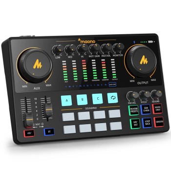 (Refurbished) Audio Interface-Podcast Equipment-MAONO-MaonoCaster-All in One - Portable Podcast production Studio with premium mic preamp for Podcast Recording, Streaming, Youtube, DJ, PC, Smartphone (AME2)