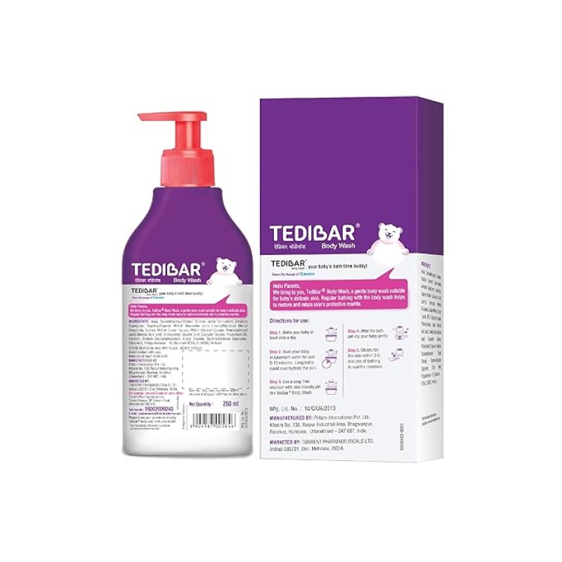 Tedibar - Body wash for Babies| 100% soap & Alkali free | Skin-friendly pH 5.5| Recommended by pediatricians | Prevents Dryness & Rashes | Suitable for Newborn Baby| 250ml