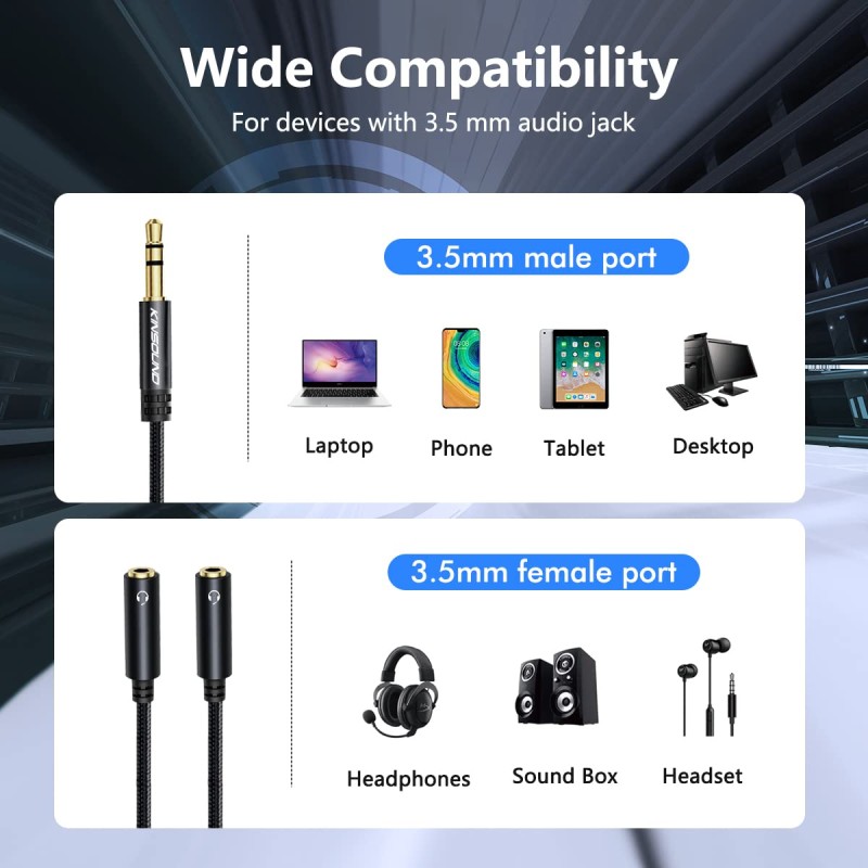 Kinsound Headphone Splitter, 3.5mm TRRS Stereo Adapter Dual Headphone Auxiliary Splitter Support Mic & Audio Compatible with Smartphone, Tablet, Laptop Kinsound Headphone Splitter, 3.5mm TRRS Stereo Adapter Dual Headphone Auxiliary Splitter Support Mic & Audio Compatible with Smartphone, Tablet, Laptop