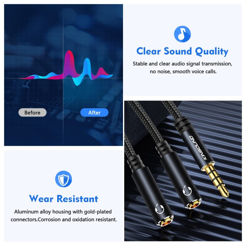 Kinsound Headphone Splitter, 3.5mm TRRS Stereo Adapter Dual Headphone Auxiliary Splitter Support Mic & Audio Compatible with Smartphone, Tablet, Laptop Kinsound Headphone Splitter, 3.5mm TRRS Stereo Adapter Dual Headphone Auxiliary Splitter Support Mic & Audio Compatible with Smartphone, Tablet, Laptop