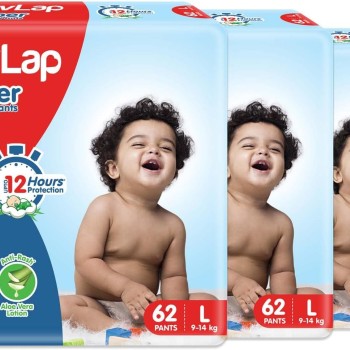 LuvLap Pant Style Baby Diapers, Large (LG) For babies of 9 to 14Kg, Pack of 3 (62 Pants x 3 = 186 Pants),with Aloe Vera Lotion for rash protection, with upto 12hr protection, Diapers