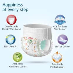 LuvLap Pant Style Baby Diapers, Large (LG) For babies of 9 to 14Kg, Pack of 3 (62 Pants x 3 = 186 Pants),with Aloe Vera Lotion for rash protection, with upto 12hr protection, Diapers
