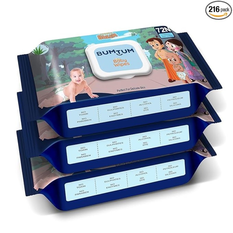Bumtum Baby Chota Bheem Gentle Soft Moisturizing Wet Wipes With Lid | 20 X 14Cm, Aloe Vera & Chamomile Extracts | Paraben & Sulfate Free (Pack of 3, 72 Pcs. Per Pack) Bumtum Baby Chota Bheem Gentle Soft Moisturizing Wet Wipes With Lid | 20 X 14Cm, Aloe Vera & Chamomile Extracts | Paraben & Sulfate Free (Pack of 3, 72 Pcs. Per Pack)