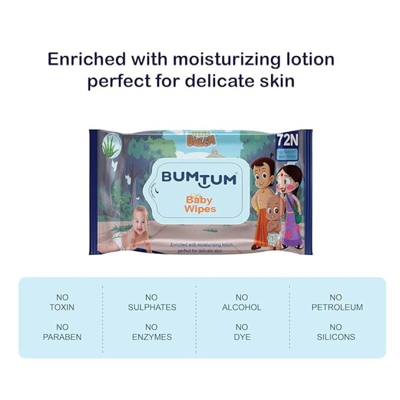 Bumtum Baby Chota Bheem Gentle Soft Moisturizing Wet Wipes With Lid | 20 X 14Cm, Aloe Vera & Chamomile Extracts | Paraben & Sulfate Free (Pack of 3, 72 Pcs. Per Pack) Bumtum Baby Chota Bheem Gentle Soft Moisturizing Wet Wipes With Lid | 20 X 14Cm, Aloe Vera & Chamomile Extracts | Paraben & Sulfate Free (Pack of 3, 72 Pcs. Per Pack)