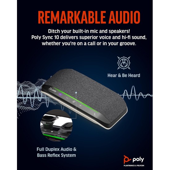 Poly Sync 10 USB Speakerphone - Two-in-One Portable Speaker for Audio/Video Conference Calls & Music - USB Powered - Works with Teams (Certified), Zoom & More - Dual-Mic, Full-Duplex Audio