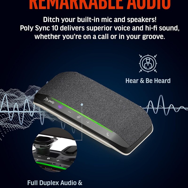 Poly Sync 10 USB Speakerphone - Two-in-One Portable Speaker for Audio/Video Conference Calls & Music - USB Powered - Works with Teams (Certified), Zoom & More - Dual-Mic, Full-Duplex Audio