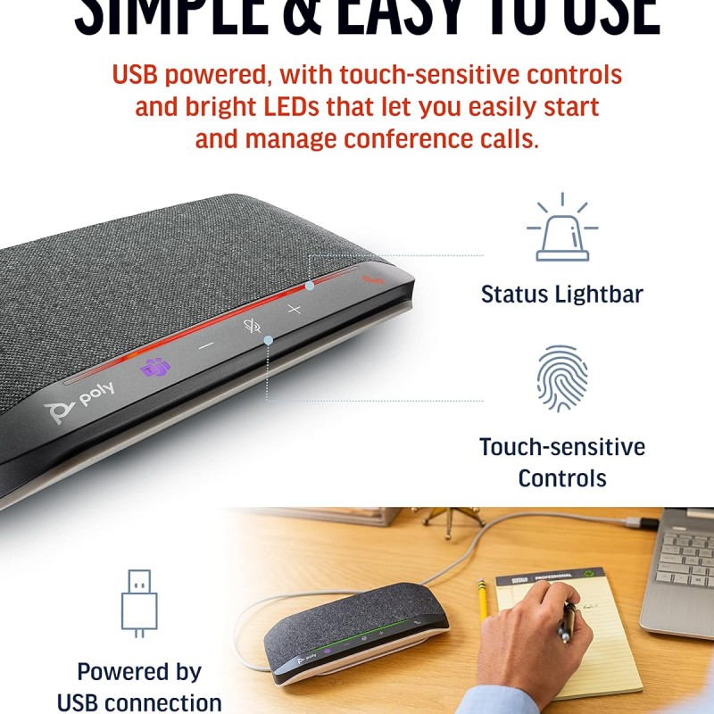 Poly Sync 10 USB Speakerphone - Two-in-One Portable Speaker for Audio/Video Conference Calls & Music - USB Powered - Works with Teams (Certified), Zoom & More - Dual-Mic, Full-Duplex Audio