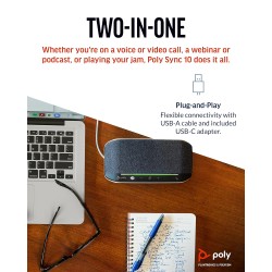 Poly Sync 10 USB Speakerphone - Two-in-One Portable Speaker for Audio/Video Conference Calls & Music - USB Powered - Works with Teams (Certified), Zoom & More - Dual-Mic, Full-Duplex Audio