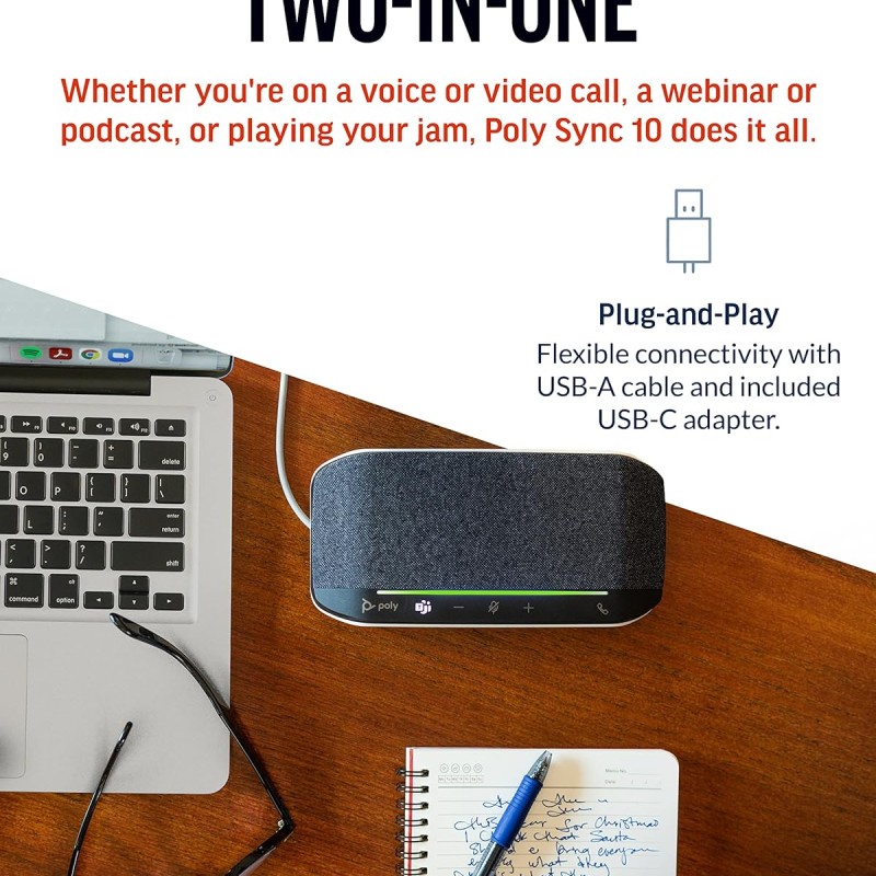 Poly Sync 10 USB Speakerphone - Two-in-One Portable Speaker for Audio/Video Conference Calls & Music - USB Powered - Works with Teams (Certified), Zoom & More - Dual-Mic, Full-Duplex Audio
