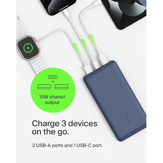 Belkin 20000 mAh Power Bank | Super Fast Charging | USB-C PD Port | 15W Charging for iPhone Series (16, 16 Pro Max), Samsung Galaxy, Google Pixel & More | 2 Years Warranty | Blue