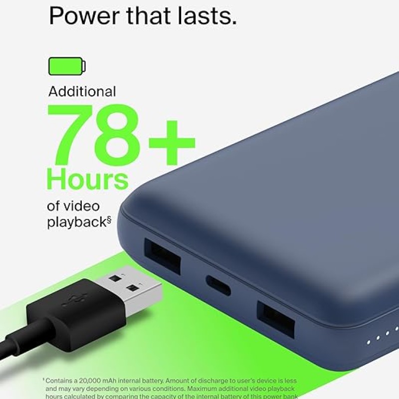 Belkin 20000 mAh Power Bank | Super Fast Charging | USB-C PD Port | 15W Charging for iPhone Series (16, 16 Pro Max), Samsung Galaxy, Google Pixel & More | 2 Years Warranty | Blue