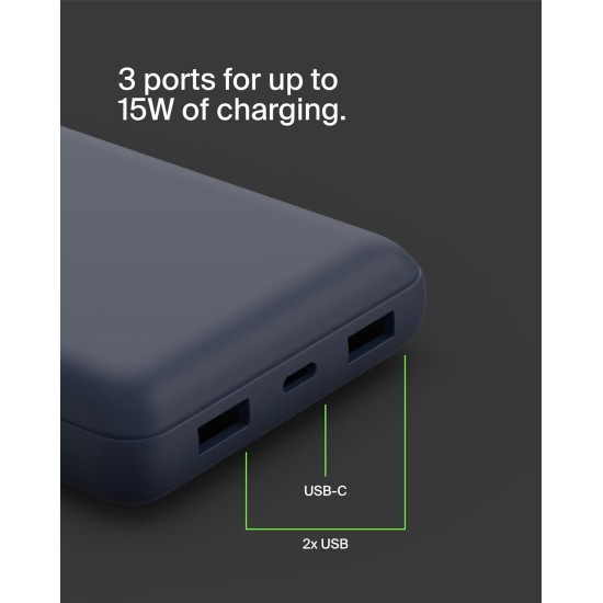 Belkin 20000 mAh Power Bank | Super Fast Charging | USB-C PD Port | 15W Charging for iPhone Series (16, 16 Pro Max), Samsung Galaxy, Google Pixel & More | 2 Years Warranty | Blue