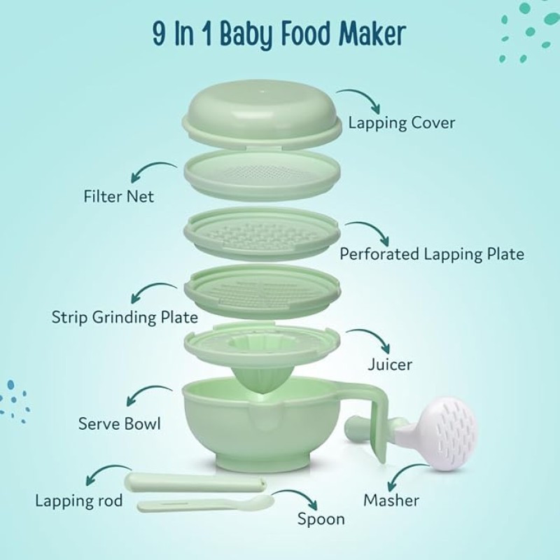 LuvLap 9 in 1 Baby Food Masher Mill, Food Grinder Cum Processor, with Multifunction Textured Mashing & Filtering Plates, with Serving Bowl (Light Green) LuvLap 9 in 1 Baby Food Masher Mill, Food Grinder Cum Processor, with Multifunction Textured Mashing & Filtering Plates, with Serving Bowl (Light Green)