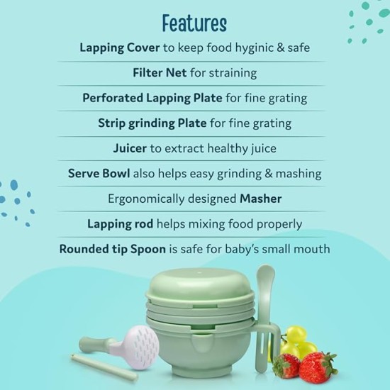 LuvLap 9 in 1 Baby Food Masher Mill, Food Grinder Cum Processor, with Multifunction Textured Mashing & Filtering Plates, with Serving Bowl (Light Green)