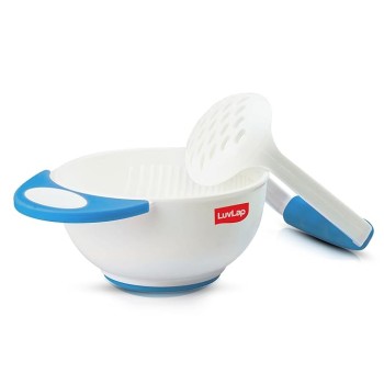 LuvLap Baby Food Grinding Cum Feeding Bowl, Portable Baby Food Masher & Serving Bowl for Baby weaning Food Preparation (Pack of 1 Set,White & Blue)