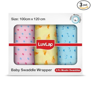 LuvLap 100% Cotton Muslin Baby Swaddle Set, Baby Towel, Size-120cm x 100cm (47"x39"), Dots Hearts Print, 0-18 Month+, Printed Mulmal Muslin Swaddle Wrap for New Born, Pack of 3