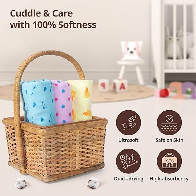 LuvLap 100% Cotton Muslin Baby Swaddle Set, Baby Towel, Size-120cm x 100cm (47"x39"), Dots Hearts Print, 0-18 Month+, Printed Mulmal Muslin Swaddle Wrap for New Born, Pack of 3