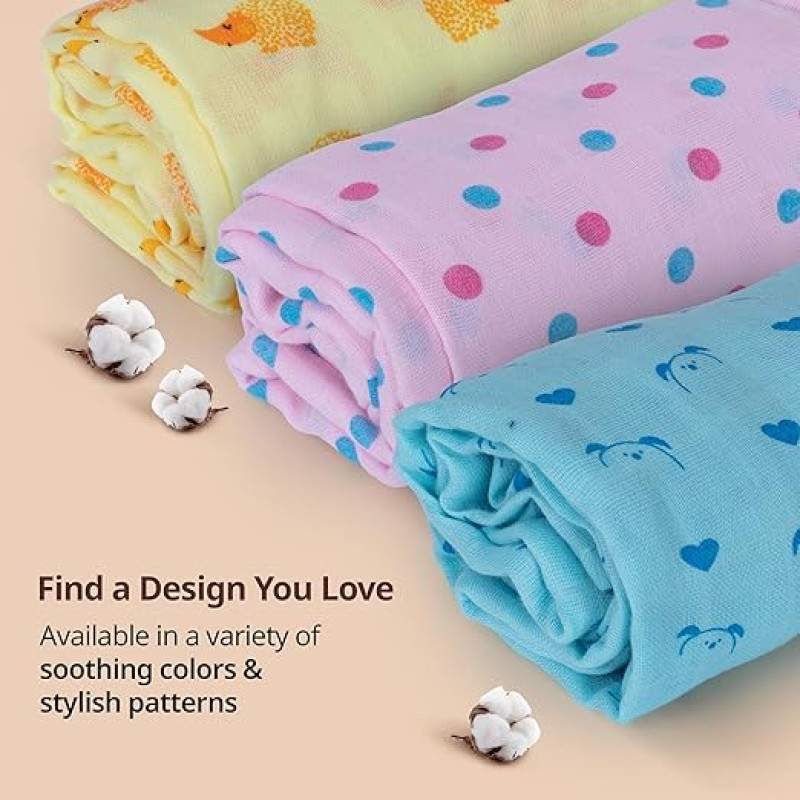 LuvLap 100% Cotton Muslin Baby Swaddle Set, Baby Towel, Size-120cm x 100cm (47"x39"), Dots Hearts Print, 0-18 Month+, Printed Mulmal Muslin Swaddle Wrap for New Born, Pack of 3