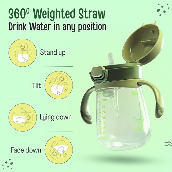 LuvLap Baby Bite Resistant Soft Silicone Straw Sipper Cup with Handle, with Weighted Straw, Sippy Cup with Anti Spill Lock, BPA Free, 6m+, 300 ml, Green
