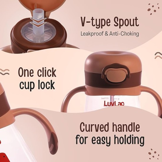 LuvLap Baby Bite Resistant Soft Silicone Straw Sipper Cup with Handle, with Weighted Straw, Sippy Cup with Anti Spill Lock, BPA Free, 6m+, 300 ml, Brown