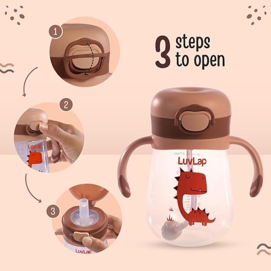 LuvLap Baby Bite Resistant Soft Silicone Straw Sipper Cup with Handle, with Weighted Straw, Sippy Cup with Anti Spill Lock, BPA Free, 6m+, 300 ml, Brown